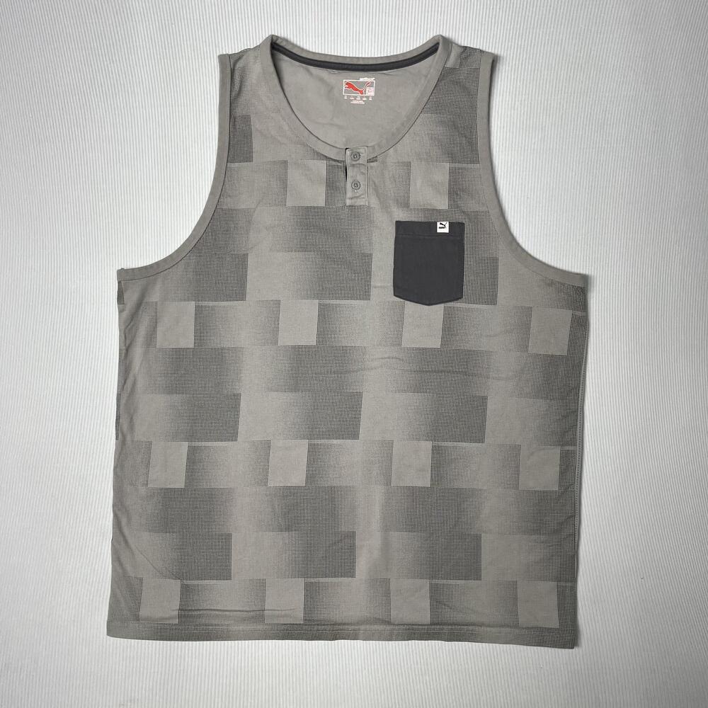 Puma Shirt Mens 2XL Gray Mesh Henley Tank Top Geometric Pocket Athletic Workout